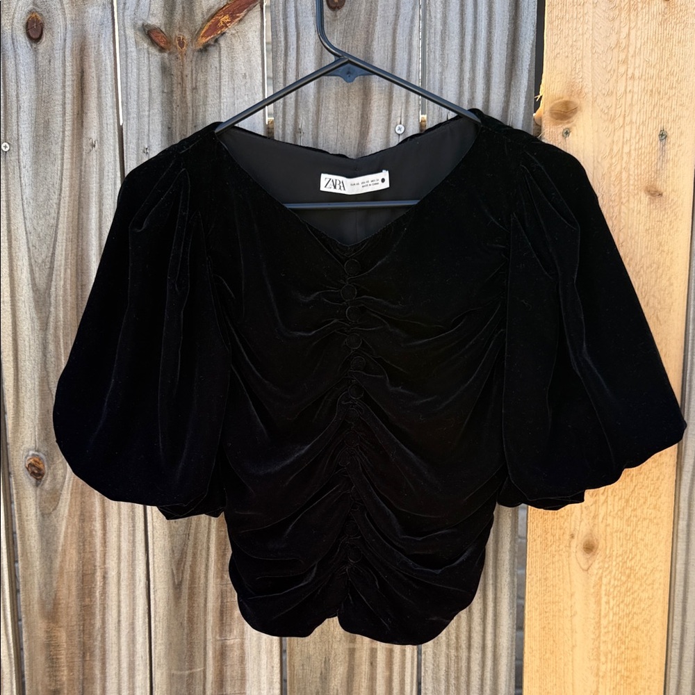 Zara Black Velvet Ruched Blouse